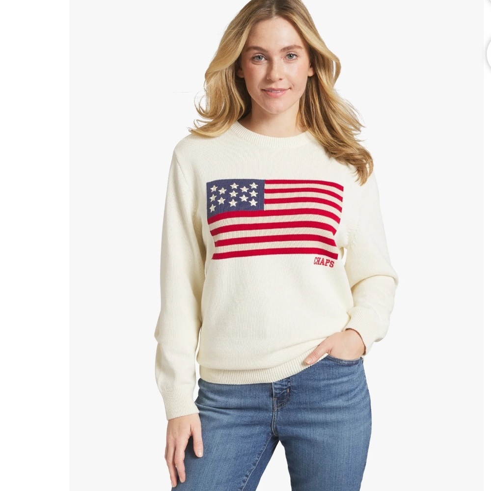 Chaps Men’s Ivory Sweater with Flag Design 100% cotton NEW - Picture 3 of 8